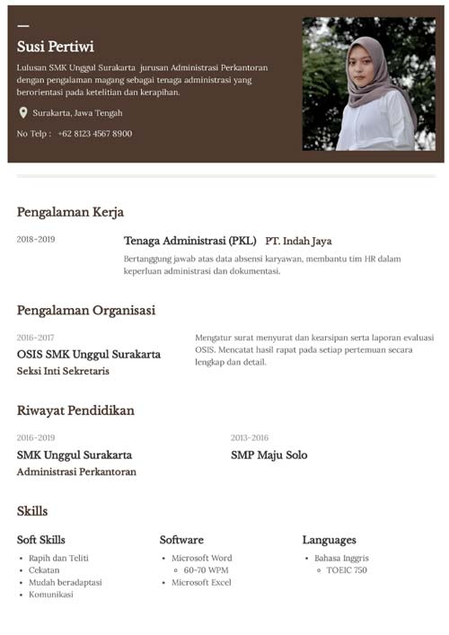 CV Fresh Graduate SMK Jurusan Administrasi Perkantoran