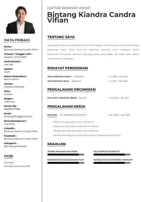 Curriculum Vitae Fresh Graduate SMK Jurusan Teknik Otomotif